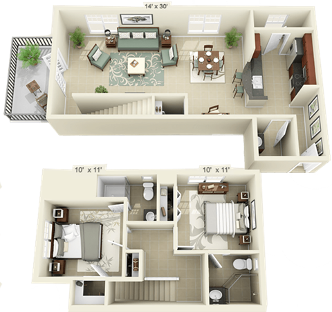 Floor plan for 2 beds, 2 baths, 890 sqft